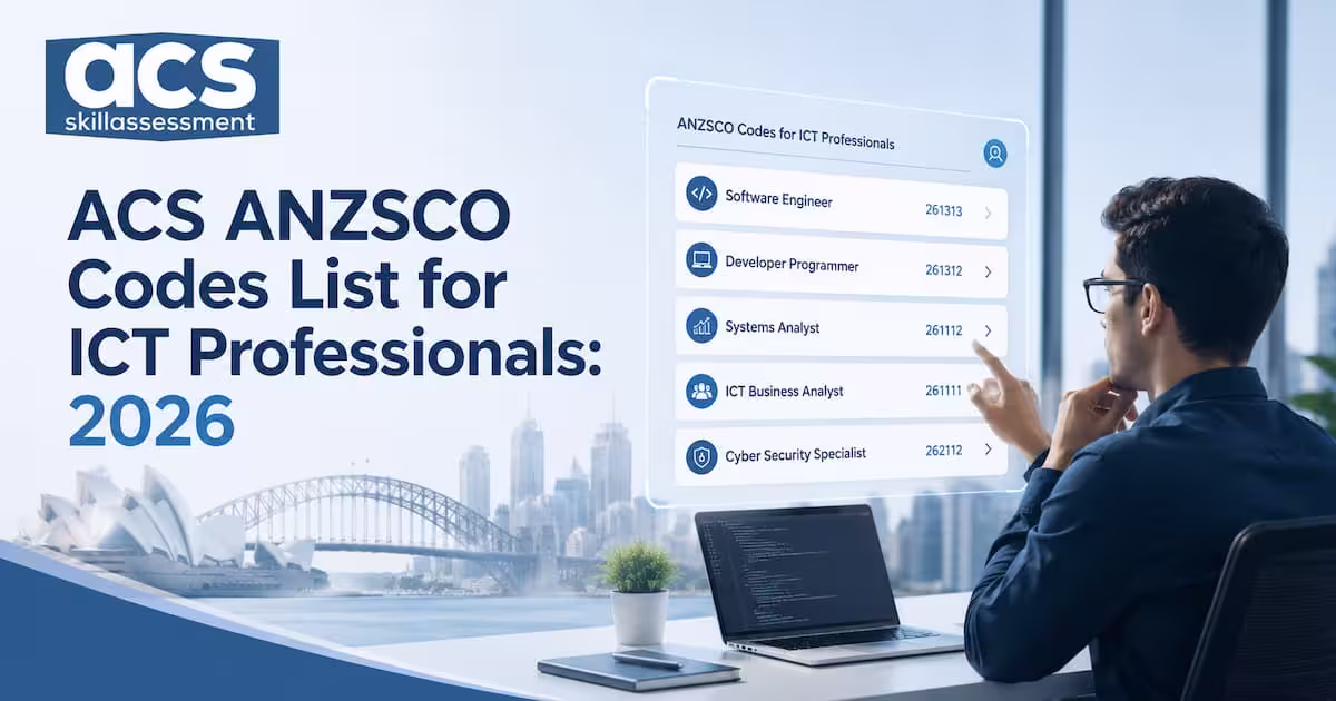 ANZSCO 2.0 codes for ICT professionals showing unit groups 2611 to 2633, six-digit occupation codes, and assessment category pathways for ACS skills assessment