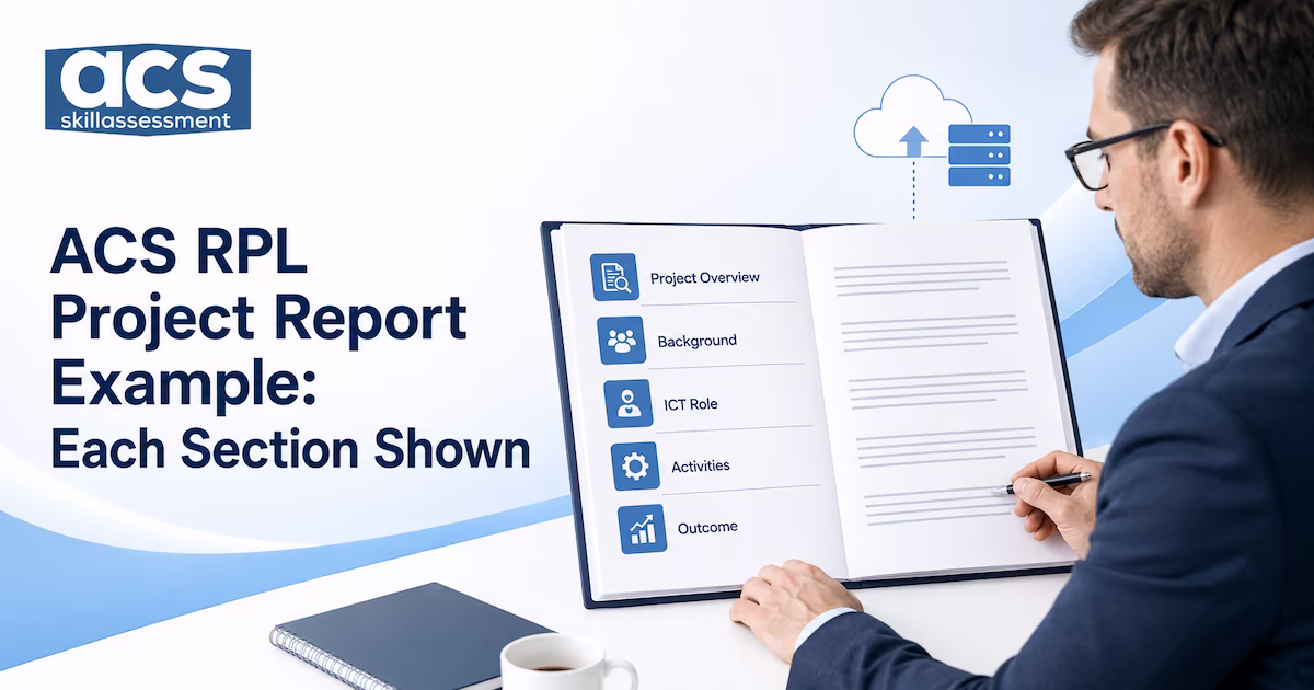 ACS RPL project report example showing overview, background, role, activities and outcome sections with annotations