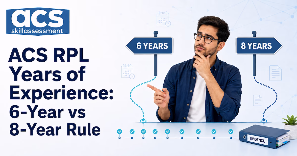 Timeline showing ACS RPL years of experience requirements: 6 vs 8 years, with concurrent and part-time role calculations