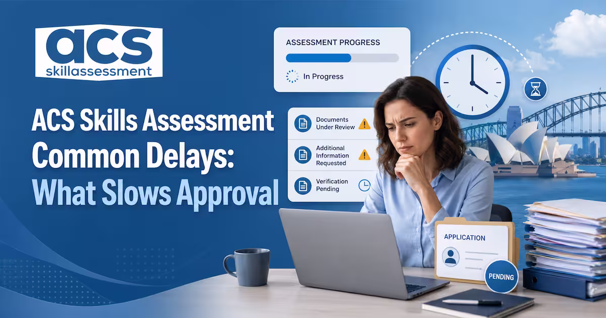 Timeline diagram showing ACS skills assessment delay factors including RFI clock pause and processing window