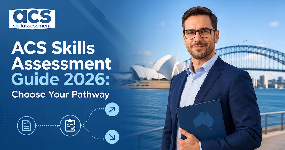 ACS skills assessment pathway decision framework showing three routes: ICT-major degree, non-ICT degree plus work experience, and RPL for overseas professionals