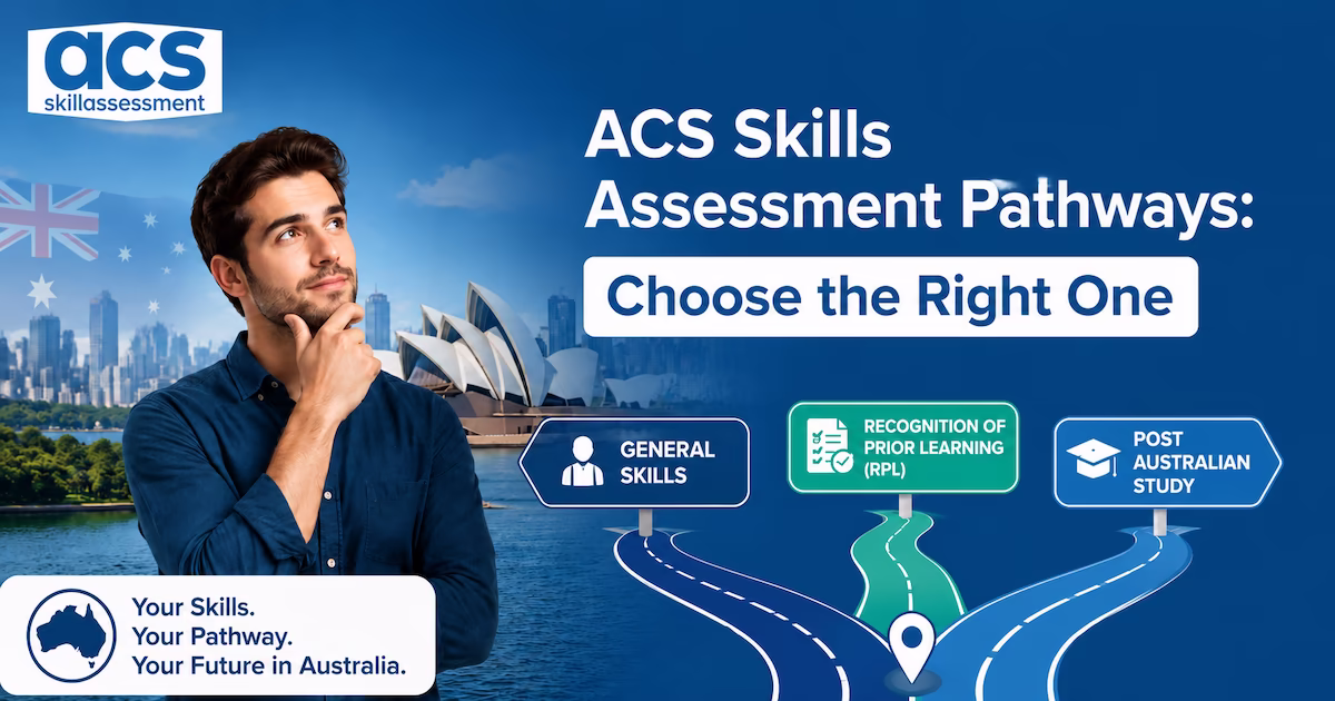ACS skills assessment pathways showing General Skills, RPL, and Post Study eligibility with fees and processing times