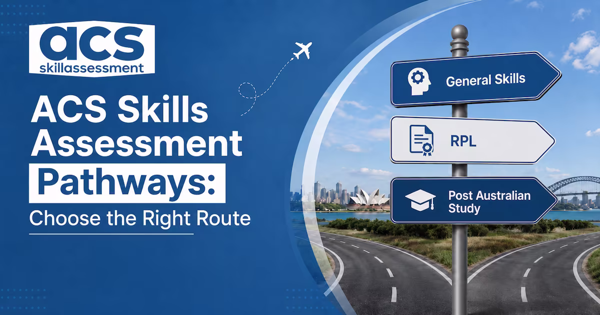 Three ACS skills assessment pathways compared: eligibility requirements, application fees, and processing timelines