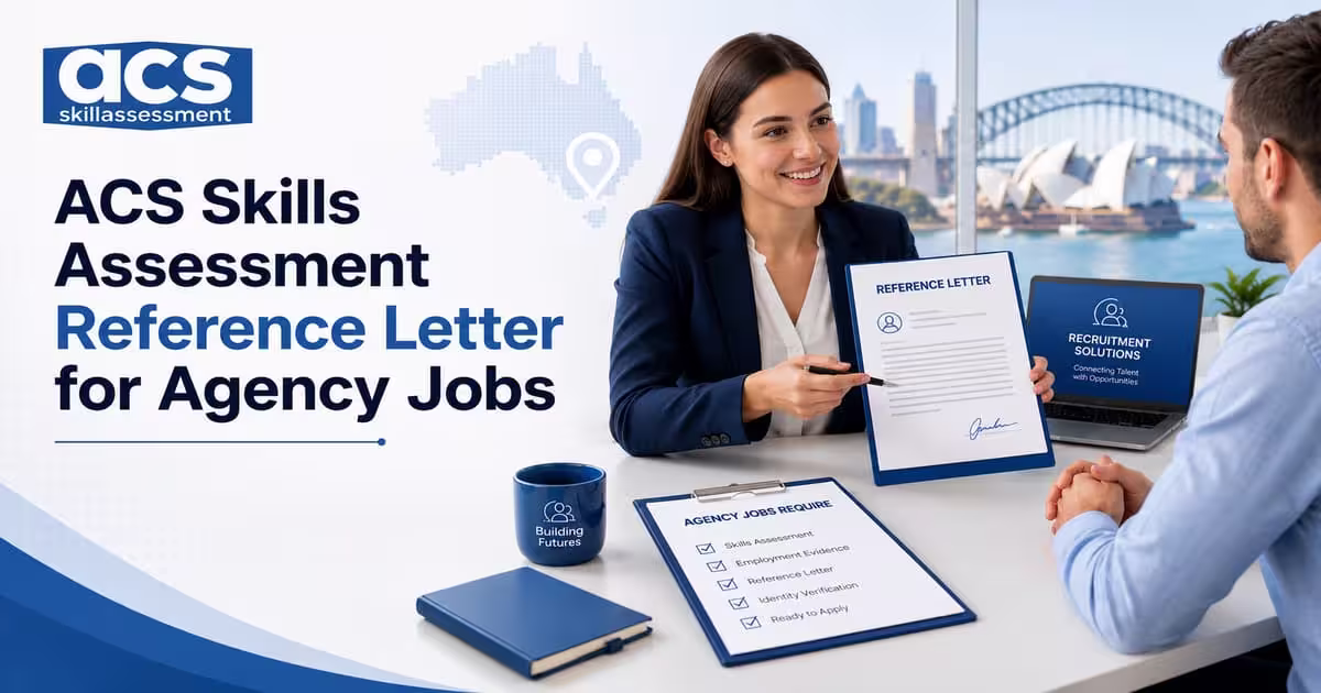 ACS skills assessment reference letter on host company letterhead signed by supervisor for agency-placed IT professionals.