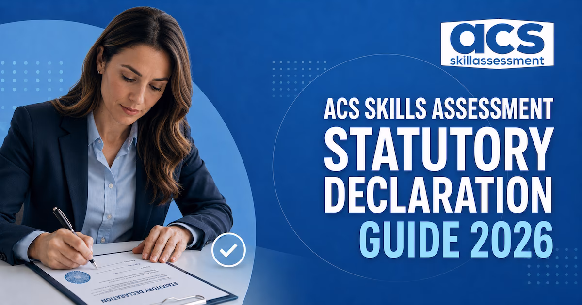 ACS skills assessment statutory declaration sample showing employment dates, technical duties, and witness sections