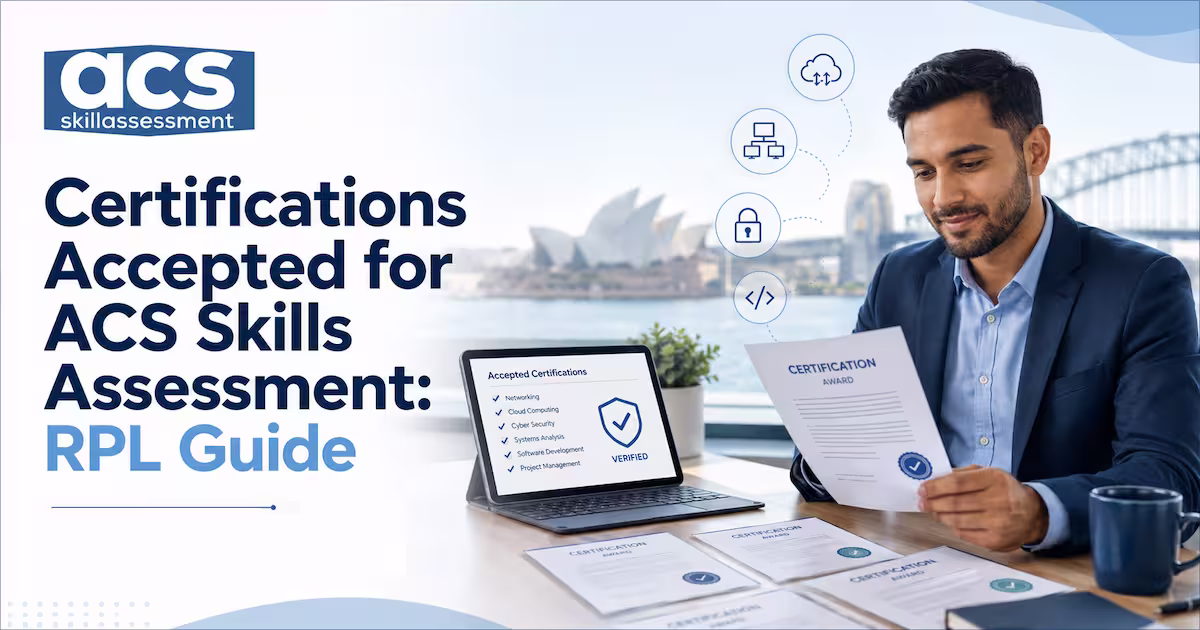 Certification logos (AWS, Cisco, Microsoft, CompTIA) displayed alongside ACS RPL evidence requirements checklist and assessment documentation