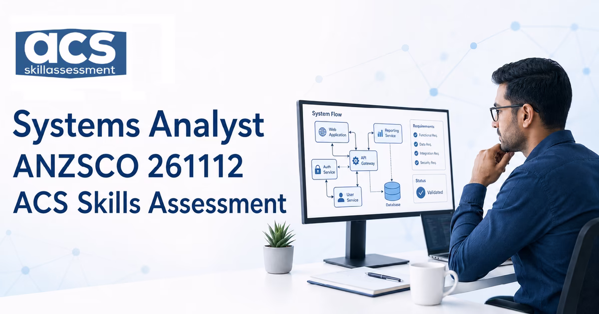 Systems analyst ANZSCO 261112 ACS skills assessment: pathway decision flowchart showing degree-based General Skills and RPL experience-based assessment routes.